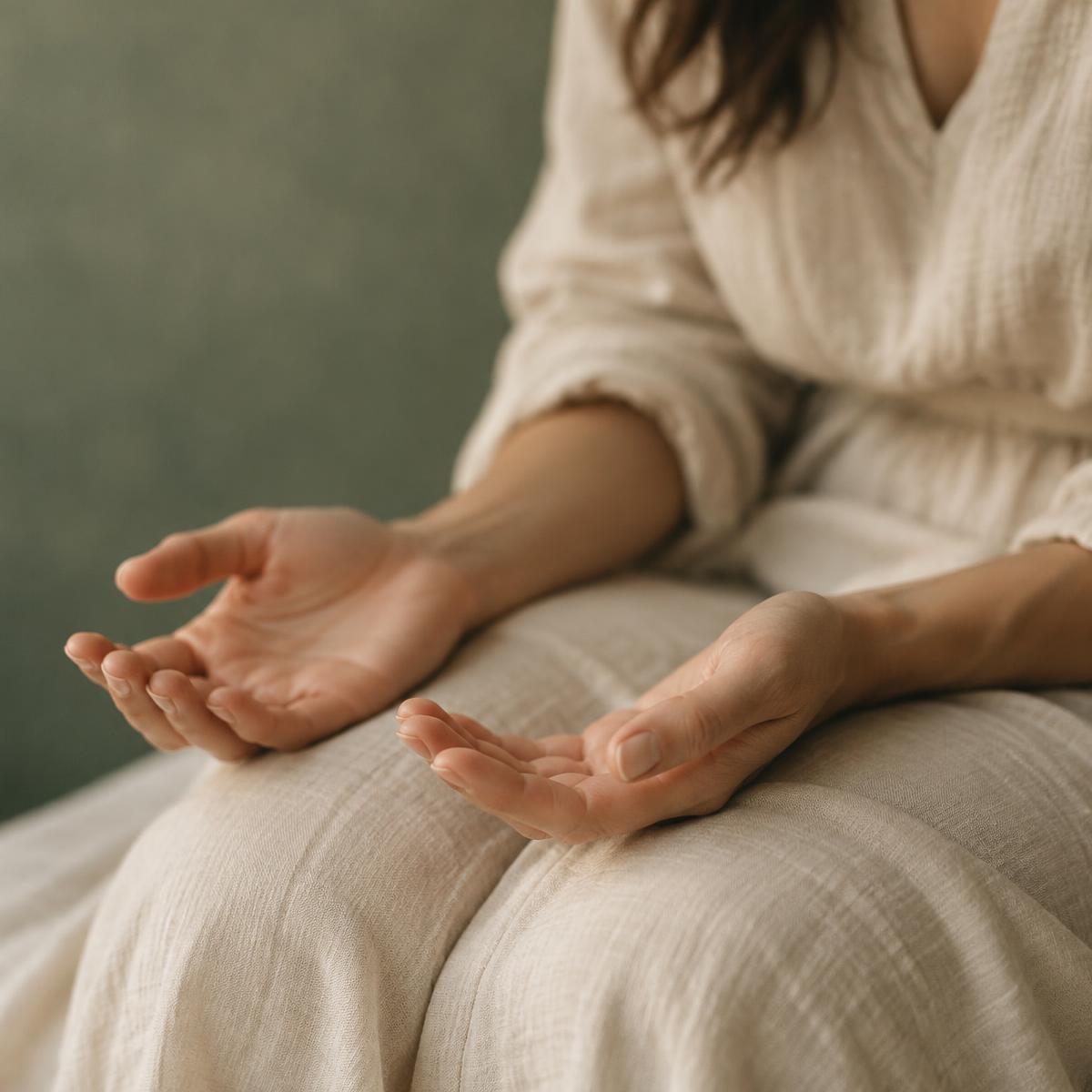 A woman's open hands resting calmly on her lap